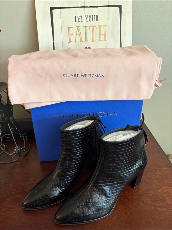 Stuart Weitzman Shoes - Stuart Weitzman Black Croc-Embossed Leather Gardiner Dress Booties -Size 7.5 NIB